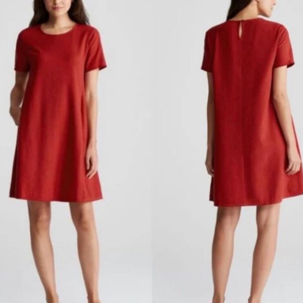 Eileen Fisher Women’s 100% Silk Noil A-Line Textured‎ Red Dress Size L